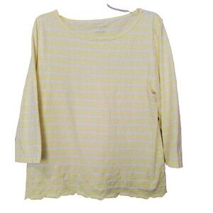 Talbots 100% Cotton Yellow Striped Scalloped Embroidered Hem T-Shirt Size XL